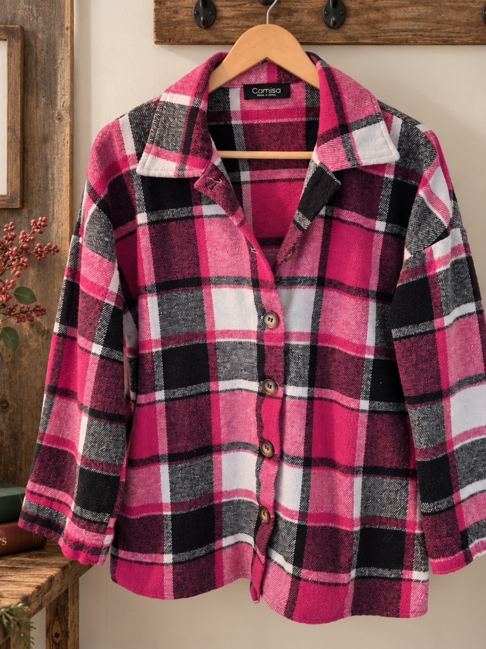Camisa Pink Plaid Thick Shirt Jacket Shacket 24" PTP Fits XL 1X